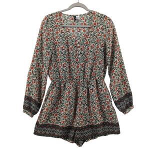 Divided by H&M Floral Romper Size 6 Beige Button Front Elastic Waist Long Sleeve
